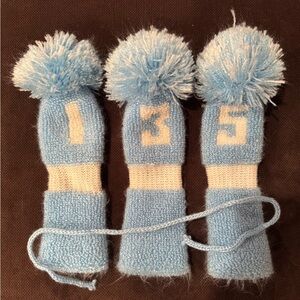 Vintage Knit Golf Club Headcovers Set Pom Pom Blue White 1 3 5 Retro
